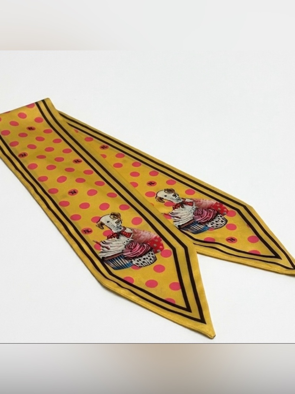 Nicole Lee USA Skinny Scarf 50s Retro Yellow Pink Dot Yorkie Beagle Print